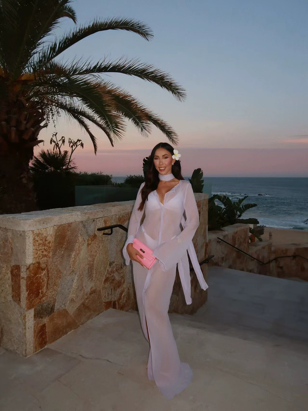 ZARA Elegant Sexy Slit Long Sleeve Semi Sheer White Knit Maxi Dress
